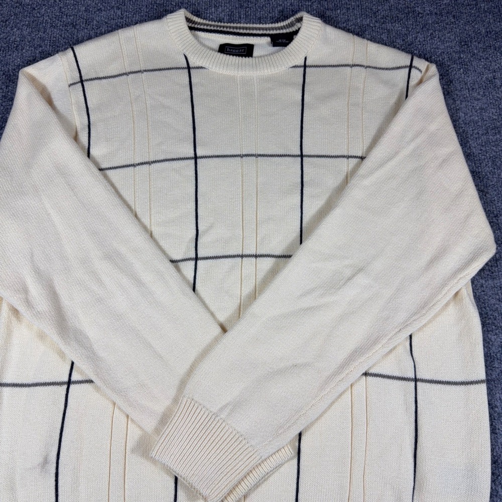 Haggar Mens Crew Neck Sweater Cream Windowpane Grid Pattern Long Sleeve XL